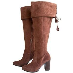 M4D3 Rafaelle Camel Brown Leather Boots Over Knee Tassel Ties Sz 9.5